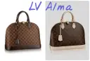 Dwie torebki Louis Vuitton Alma: jedna w kratę Damier Ebene, druga z monogramem.