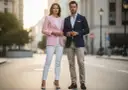 Elegancka para na ulicy. Ona w różowej marynarce i białych spodniach, on w granatowej marynarce i beżowych chinosach. Inspiracja, jak ubierać się z klasą.