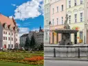 Nysa atrakcje: kolorowy rynek z fontanną i kamienicami, zielony skwer z kwiatami i ławkami.
