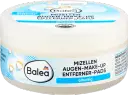 Balea Mizellen Augen-Make-up Entferner Pads, ölhaltig, in weißer Dose mit blauem Etikett.