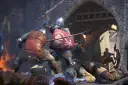 Zacięta bitwa w Kingdom Come: Deliverance. Rycerze w zbrojach walczą mieczami i tarczami, wokół leżą pokonani. Kody do gry mogą pomóc w tej brutalnej walce.