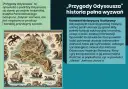 Ilustracja do "Przygód Odyseusza" Jana Parandowskiego. Mapa przedstawia mityczne krainy, potwory i statki, nawiązując do Odysei.