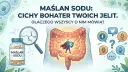 Maślan sodu: cichy bohater jelit. Na obrazku buteleczka suplementu, wzór chemiczny, jelita z superbohaterem i ikony mediów społecznościowych.