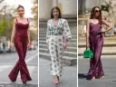 Trzy kobiety w modnych kombinezonach: czerwonym, wzorzystym i fioletowym.