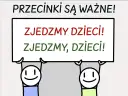 Tablica z napisem "PRZECINKI SĄ WAŻNE!". Dwa zdania: "ZJEDZMY DZIECI!" i "ZJEDZMY, DZIECI!". Różnica w przecinku zmienia sens.