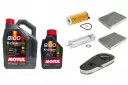 Dwa opakowania oleju Motul 8100 X-clean EFE 5W-30 oraz filtry: oleju, kabinowy i powietrza.