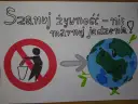 Plakat "Jak nie marnować jedzenia" pokazuje zakaz wyrzucania chleba do kosza i uśmiechniętą Ziemię z listkami.