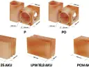 Elementy ceramiczne: pustak wentylacyjny z kanałem płaskim (P, PO) oraz pustaki budowlane (25 AKU, LPW 18,8 AKU, PCM AK) z wymiarami.