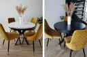 Dwa okrągłe stoły z żółtymi krzesłami, jeden biały, drugi czarny.