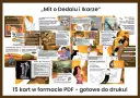 Grafika przedstawia materiał edukacyjny "Mit o Dedalu i Ikare", zawierający tekst, ilustracje i quiz.