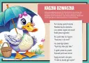 Kaczka dziwaczka w wierszu, z parasolką i koszykiem, cieszy się życiem.
