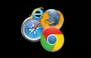 Ikony przeglądarek Chrome, Firefox i Internet Explorer na tle kompasu.