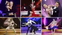 Pary tańczące w rytm piosenek do tańca. Widać ich w różnych stylizacjach i układach choreograficznych na scenie.