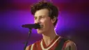 Shawn Mendes śpiewa swoje utwory na koncercie, z mikrofonem przed ustami i gitarą na ramieniu.