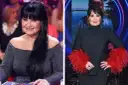 Iwona Szymańska-Pavlović w błyszczącej sukni i czarnej kreacji z piórami.