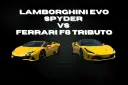 Dwa żółte supersamochody: Lamborghini Evo Spyder i Ferrari F8 Tributo.