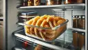 Szklany pojemnik z ugotowanym makaronem fusilli w lodówce. To świetny sposób na to, jak przechowywać ugotowany makaron.