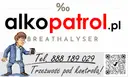 Ilustracja mężczyzny z alkomatem i logo "alkopatrol.pl".