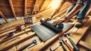 Ręce w rękawiczkach rozwijają najlepszą papę termozgrzewalną na drewnianym dachu. Narzędzia i skrzynka z napisem "ROOFING FELT" czekają.
