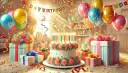 Wszystko gotowe na przyjęcie! Tort, balony, prezenty i życzenia urodzinowe.