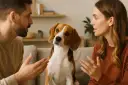 Beagle siedzi między parą, która dyskutuje. Czy pies rozumie ludzką mowę? Jego spojrzenie sugeruje, że tak.