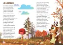 Ilustracja z tekstem "JELONEK" i wierszem o jelonku marzącym o pracy u Świętego Mikołaja. W tle jesienny las, skrzynka "BIEGUN PÓŁNOCNY" i renifer piszący list. To inspiracja do wiejskie przyśpiewki teksty.