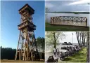 Wysoka, drewniana wieża widokowa Joanna góruje nad lasem. Obok jezioro z pomostem i plaża z ludźmi.