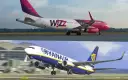 Dwa samoloty: Wizz Air na górze, Ryanair na dole, na tle lotniska.