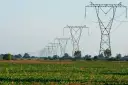 Linia wysokiego napięcia przecina pole uprawne. Widać dużą odległość budynku od linii średniego napięcia, co zapewnia bezpieczeństwo.
