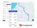 Mapa z zaznaczoną trasą z Utrechtu do Karlsruhe, z widocznymi danymi o dystansie, czasie, kosztach i emisjach.