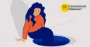 Ilustracja kobiety siedzącej na krawędzi dziury, z wyrazem smutku na twarzy.