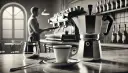 Kawiarka i filiżanka na blacie, barista w tle przygotowuje kawy włoskie.