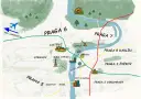 Illustrated map of Prague showing districts, landmarks like Prague Castle, Old Town, and an airport route.