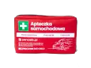 Czerwona apteczka samochodowa z białym krzyżem i napisem "Apteczka samochodowa".