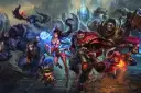 Grupa bohaterów League of Legends, w tym Ahri, Darius i robot, na tle bitewnym.
