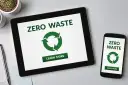 Tablet i smartfon pokazują hasło "ZERO WASTE" i symbol recyklingu. Dyskutujemy o rodzajach opakowań przyjaznych środowisku.