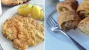 Kotlet schabowy z ziemniakami i krokiety z kapustą i grzybami na talerzach.