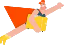 Cartoon man with orange cape and yellow boots flying with a yellow suitcase.