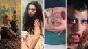 Kolaż okładek albumów muzycznych: Gorillaz, Charli XCX, surrealistyczny portret i artysta w makijażu.