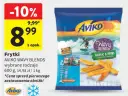Opakowanie frytek Aviko Wavy Blends z surferskim motywem i informacją o promocji -10%.