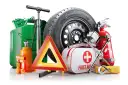 Apteczka, gaśnica, trójkąt ostrzegawczy, lewarek, koło i kanister.