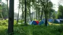 Kolorowe namioty rozstawione na trawie tworzą malownicze pole namiotowe w Świętokrzyskiem, otoczone zielenią i drzewami.