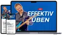 Mann spielt Gitarre, auf Bildschirmen steht "Effektiv Üben".