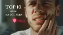 Mężczyzna cierpi na ból zęba, szukając ulgi w tabletkach. Na ekranie widnieje napis "TOP 10 leków na ból zęba" oraz logo apteki.
