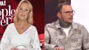 Polskie gwiazdy: Kobieta w białej sukni i okularach oraz mężczyzna z tatuażami i kitką na głowie.