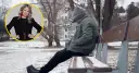 Kobieta w okręgu i przygnębiona osoba siedząca na ławce w zimowym parku.