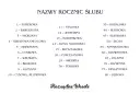 Lista nazw rocznic ślubu: papierowa, bawełniana, skórzana, kwiatowa, drewniana, cukrowa, wełniana, brązowa, gliniana, cynowa, stalowa, jedwabna, koronka, kość słoniowa, kryształowa, porcelana, srebro, perła, koral, rubin, szafir, złoto, szmaragd, diame...