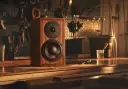 Głośnik Dynaudio Special 25 w drewnianej obudowie, stojący na stole w warsztacie, otoczony narzędziami.