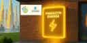 Neonowy znak "Magazyn Energii" obok logo NFOŚiGW, symbolizującego dofinansowanie OZE. W tle futurystyczne miasto.