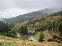Chata pod Sową w jesiennej scenerii, otoczona lasem o barwach złota i zieleni. Mgła spowija szczyty gór.